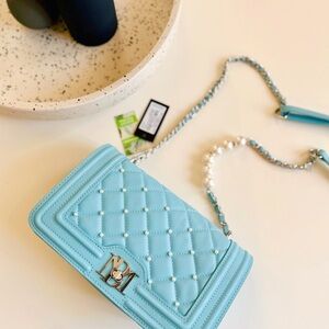 Badgley Mischka Light Blue Crossbody Bag with Pearl Chain
